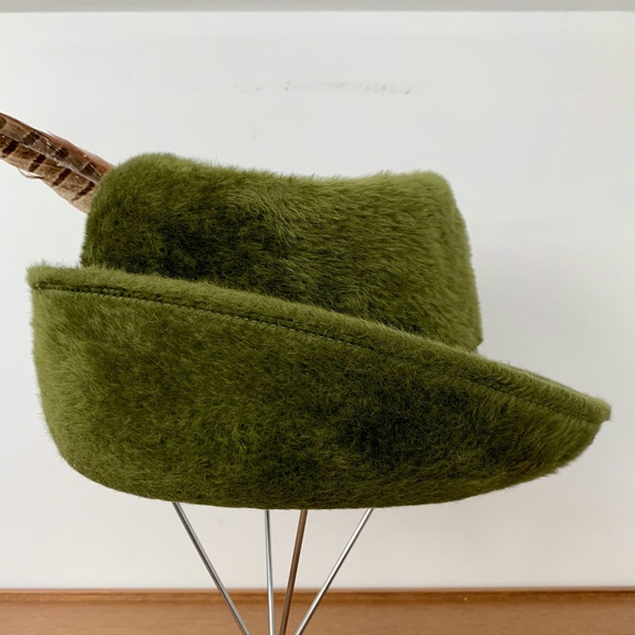 Vintage Original TOBY OF LONDON Hat Green Faux Fur Felt Feather Fedora Style - Picture 4 of 14